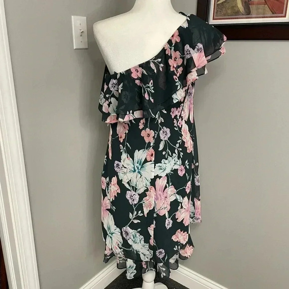 Eliza J Floral One Shoulder Ruffle Shift Dress NEW Green Pink Ruffle Feminine - Picture 5 of 7